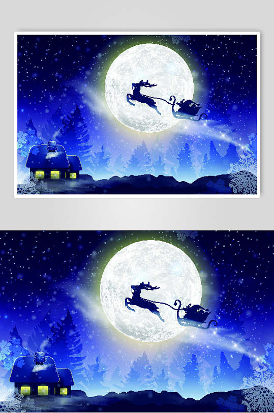 蓝色梦幻圆月飞鹿圣诞插画矢量素材