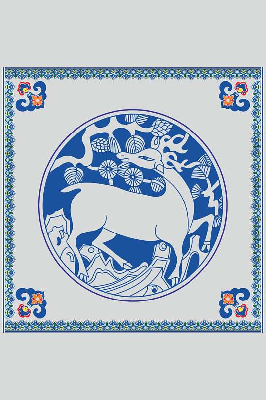 蓝色麋鹿装饰纹样图案矢量素材