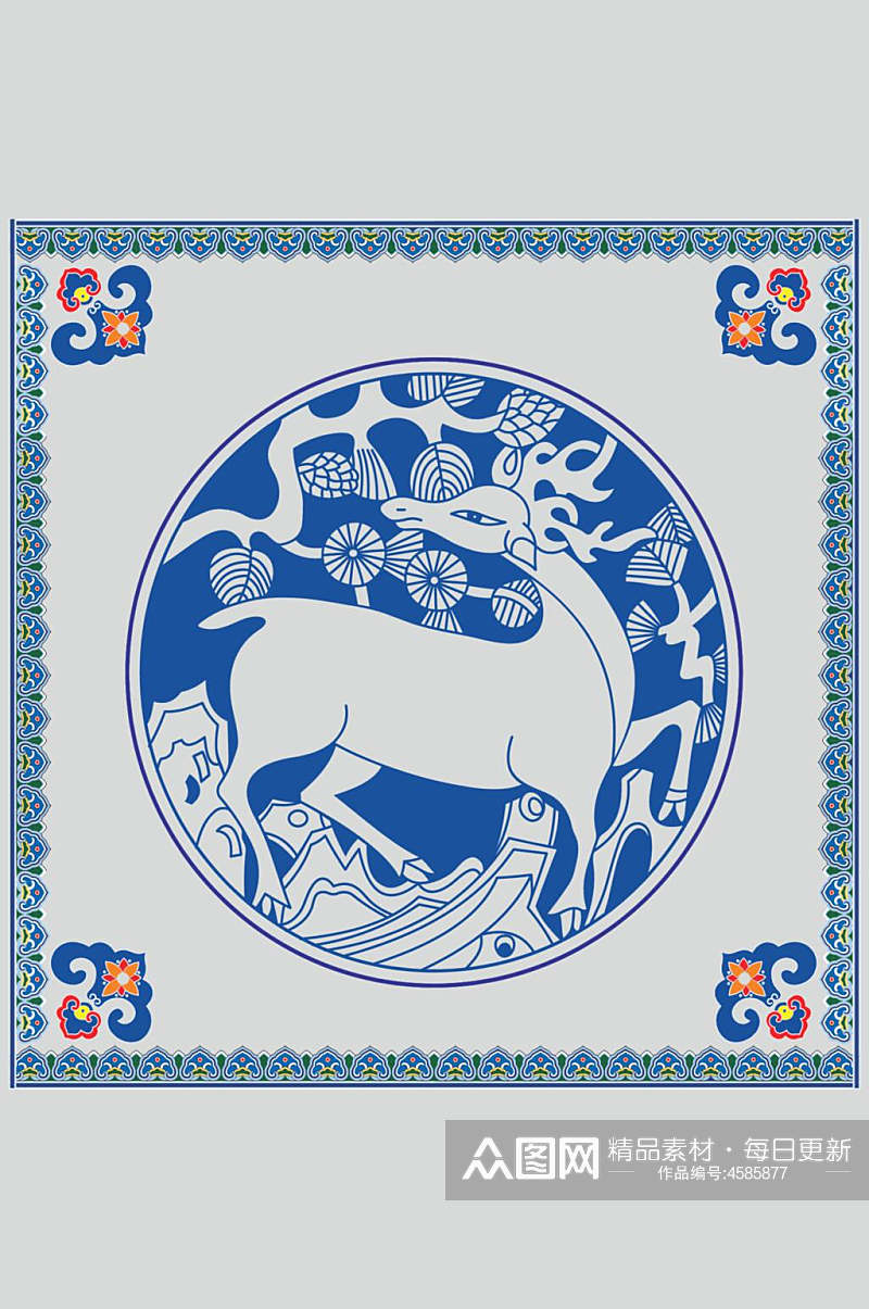 蓝色麋鹿装饰纹样图案矢量素材素材