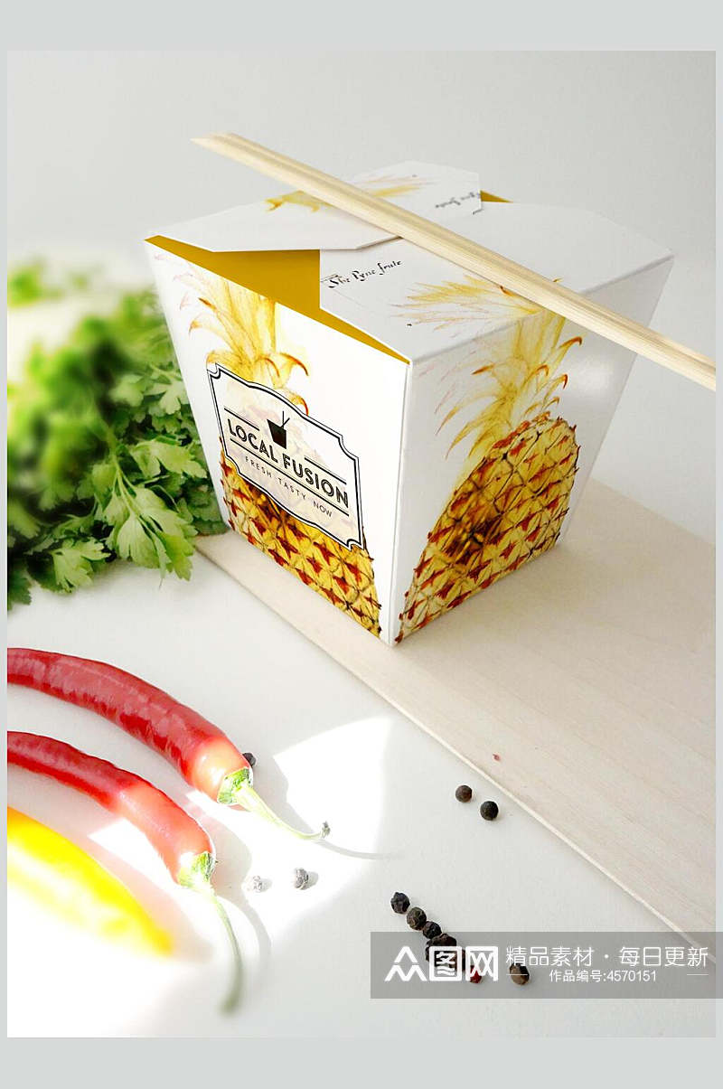 辣椒颗粒豆叶子餐盒筷子包装样机素材