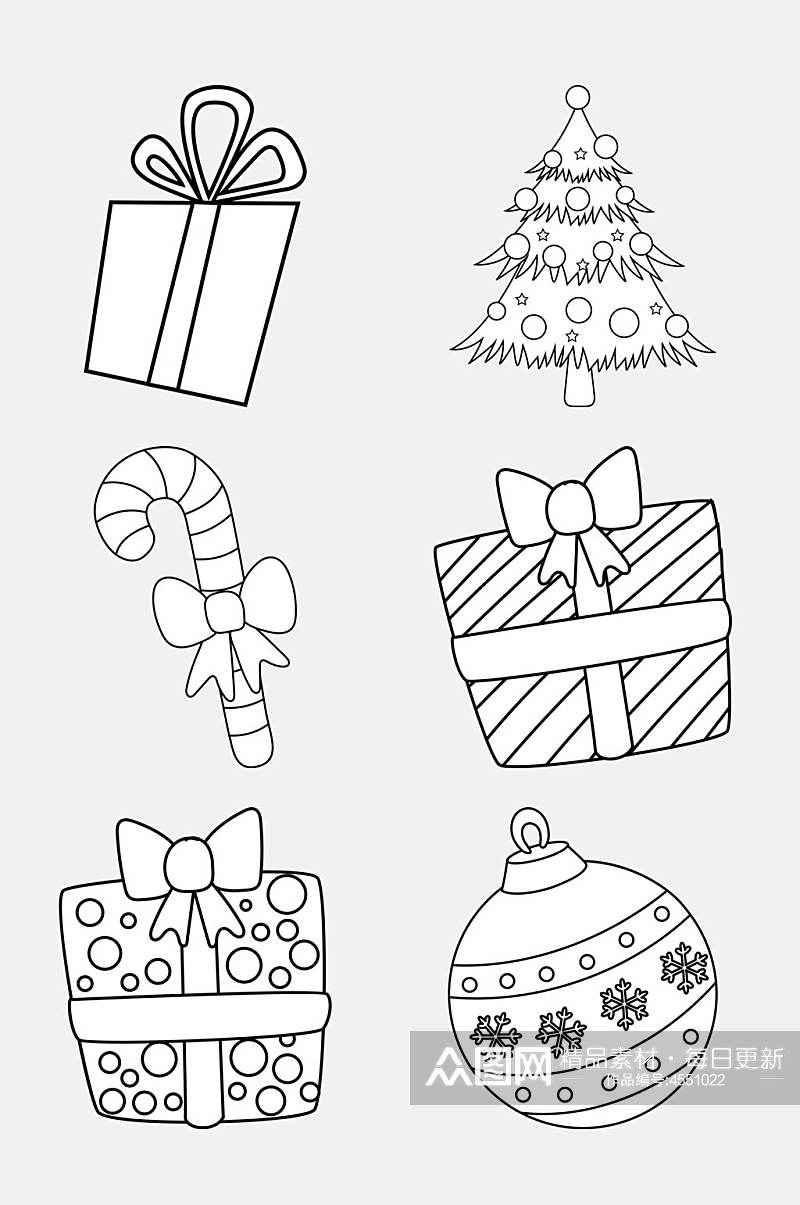 圣诞树礼物黑白简笔画免抠素材素材