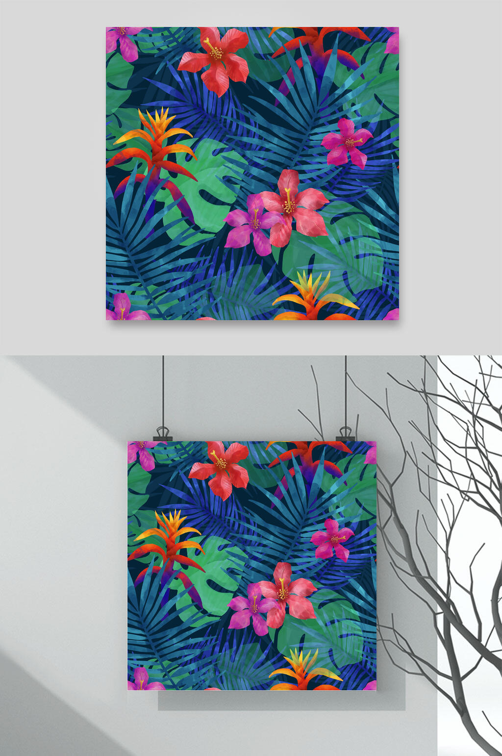 蓝色矢量夏日植物插画素材素材