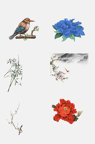创意鸟竹叶花卉植物工笔画免抠素材