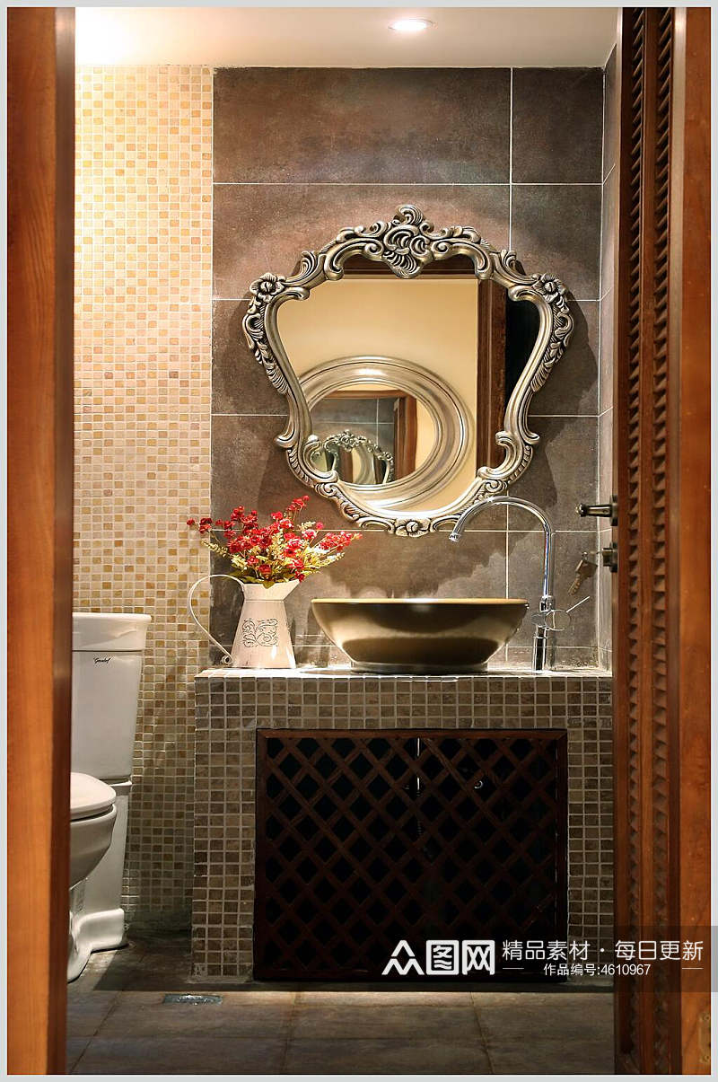 欧式雕花镜子卫生间装潢效果图素材