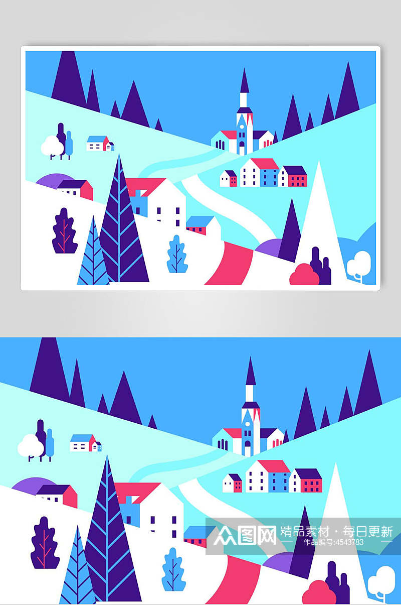 蓝色树木矢量圣诞插画素材
