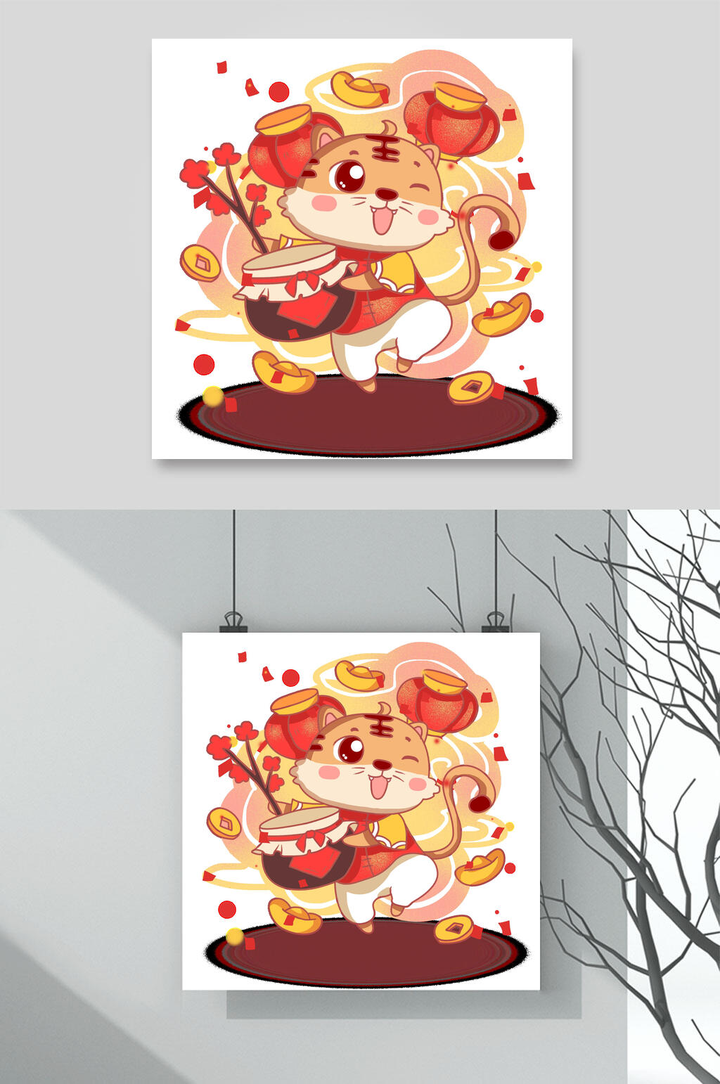 创意灯笼花朵老虎卡通插画素材素材