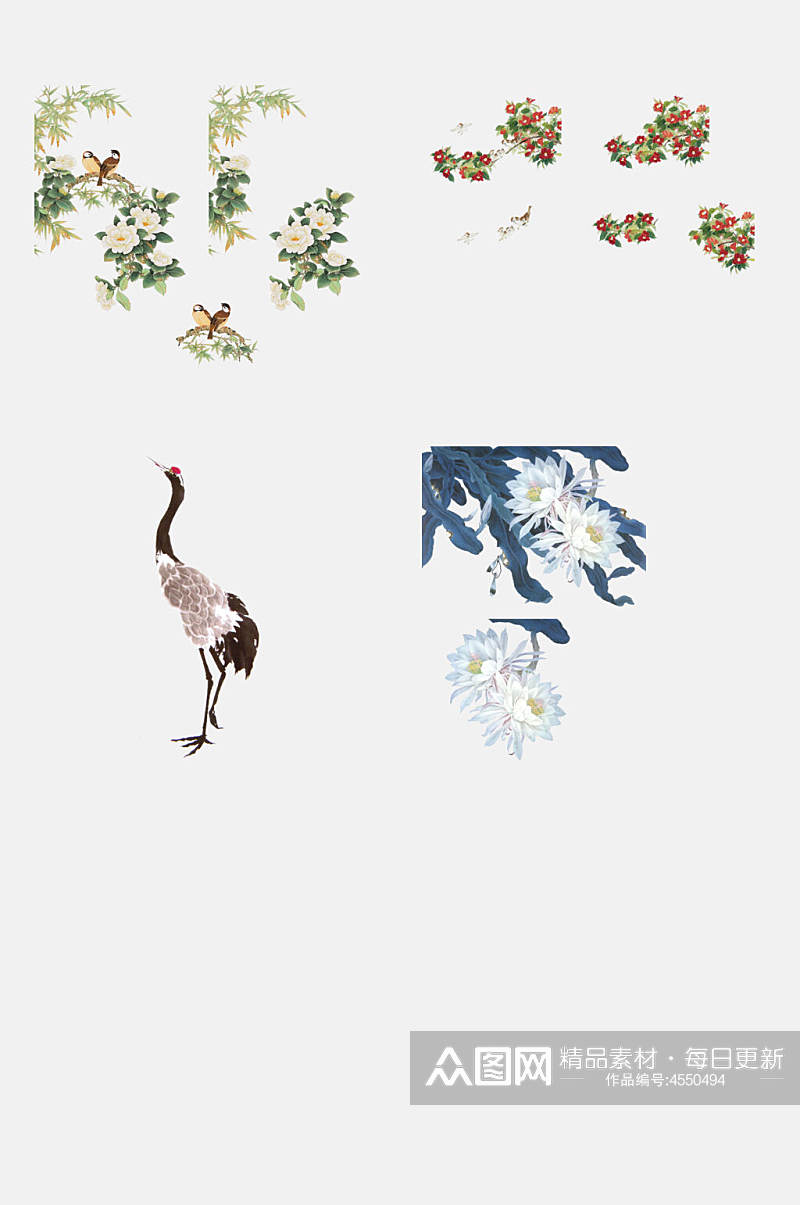 仙鹤鸟花卉植物工笔画免抠素材素材