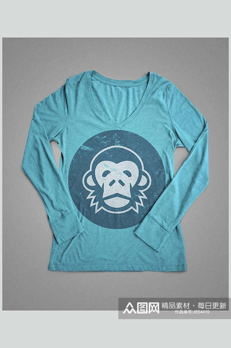 蓝色猴子V领男T恤短袖样机素材