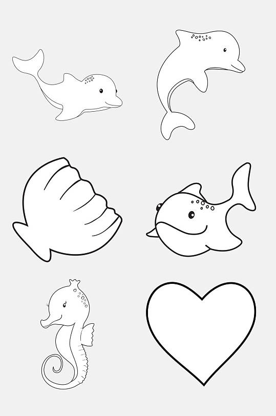 海马黑白简笔画免抠素材