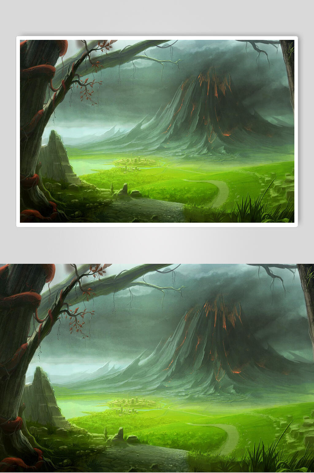 绿色火山创意画意背景图素材
