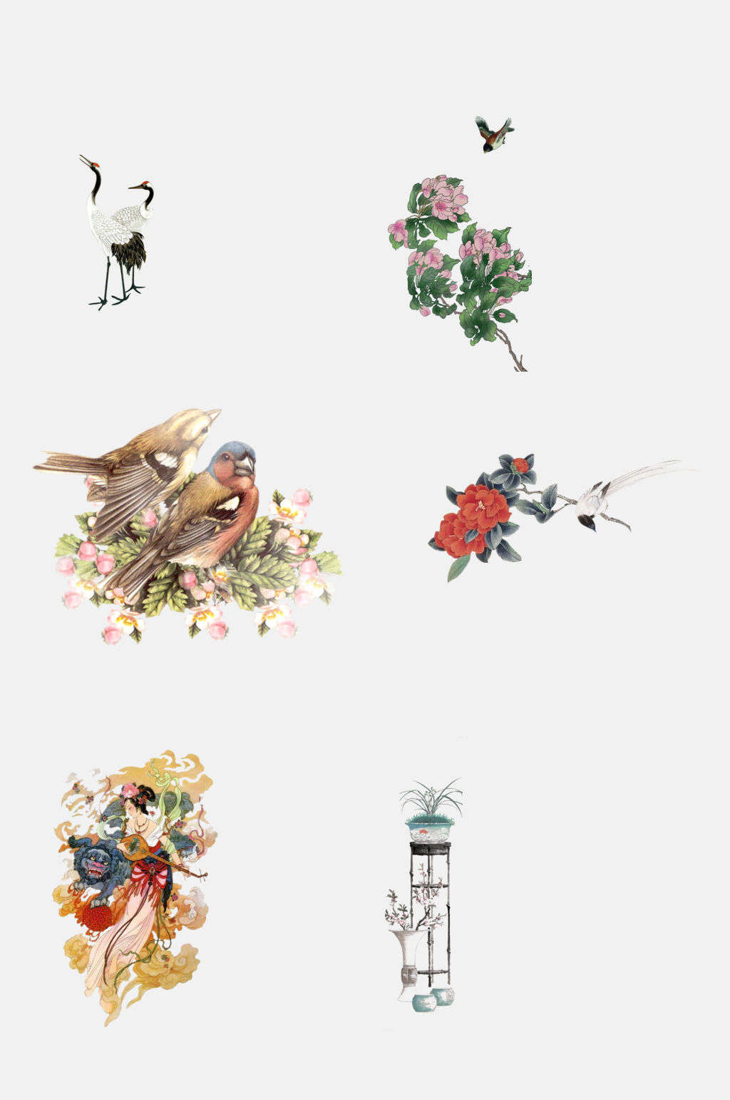 创意仙鹤鸟花卉植物工笔画免抠素材素材