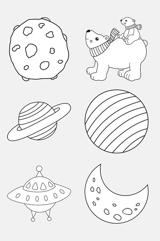 地球月亮黑白简笔画免抠素材