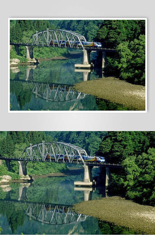 跨河铁架桥火车自然风光摄影图