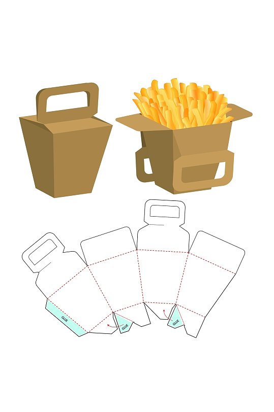 手提式炸薯条甜品纸箱刀模包装盒展开图