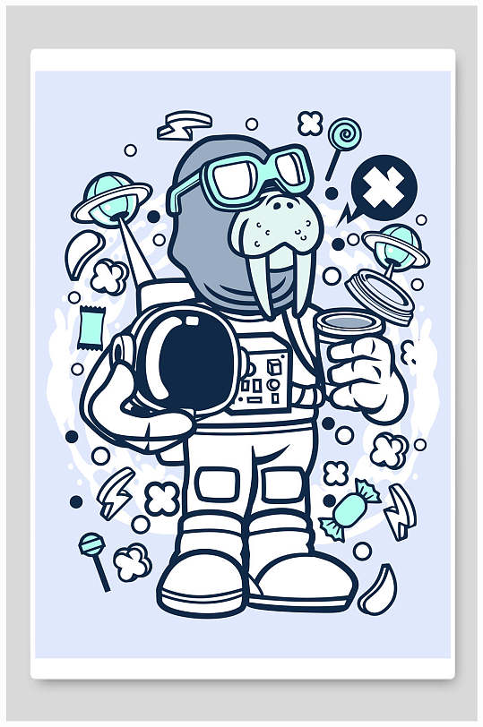 海豹抽象涂鸦拟人矢量插画