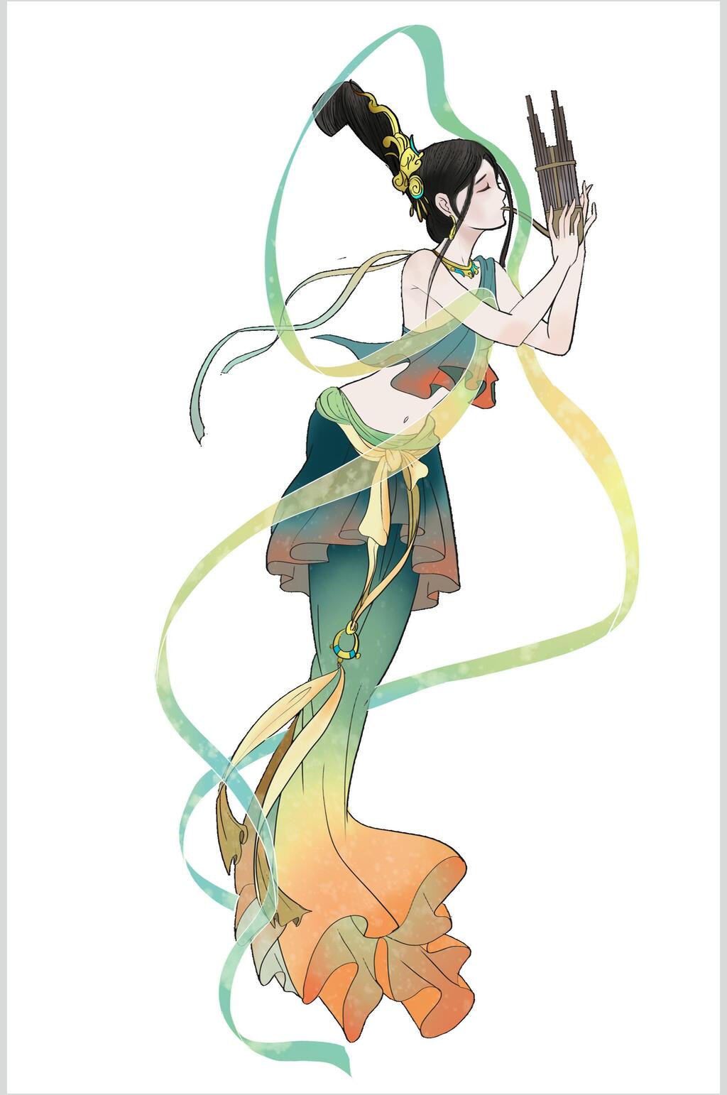 唯美吹笙敦煌文化插画素材素材