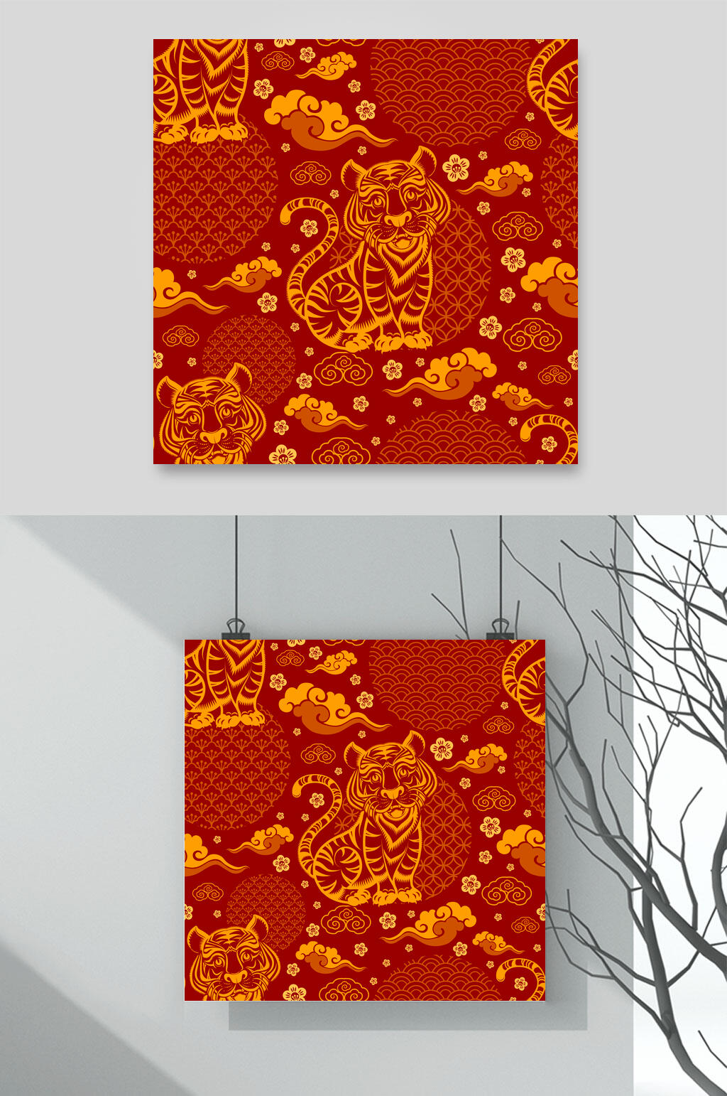 红色虎年花纹图案矢量素材素材