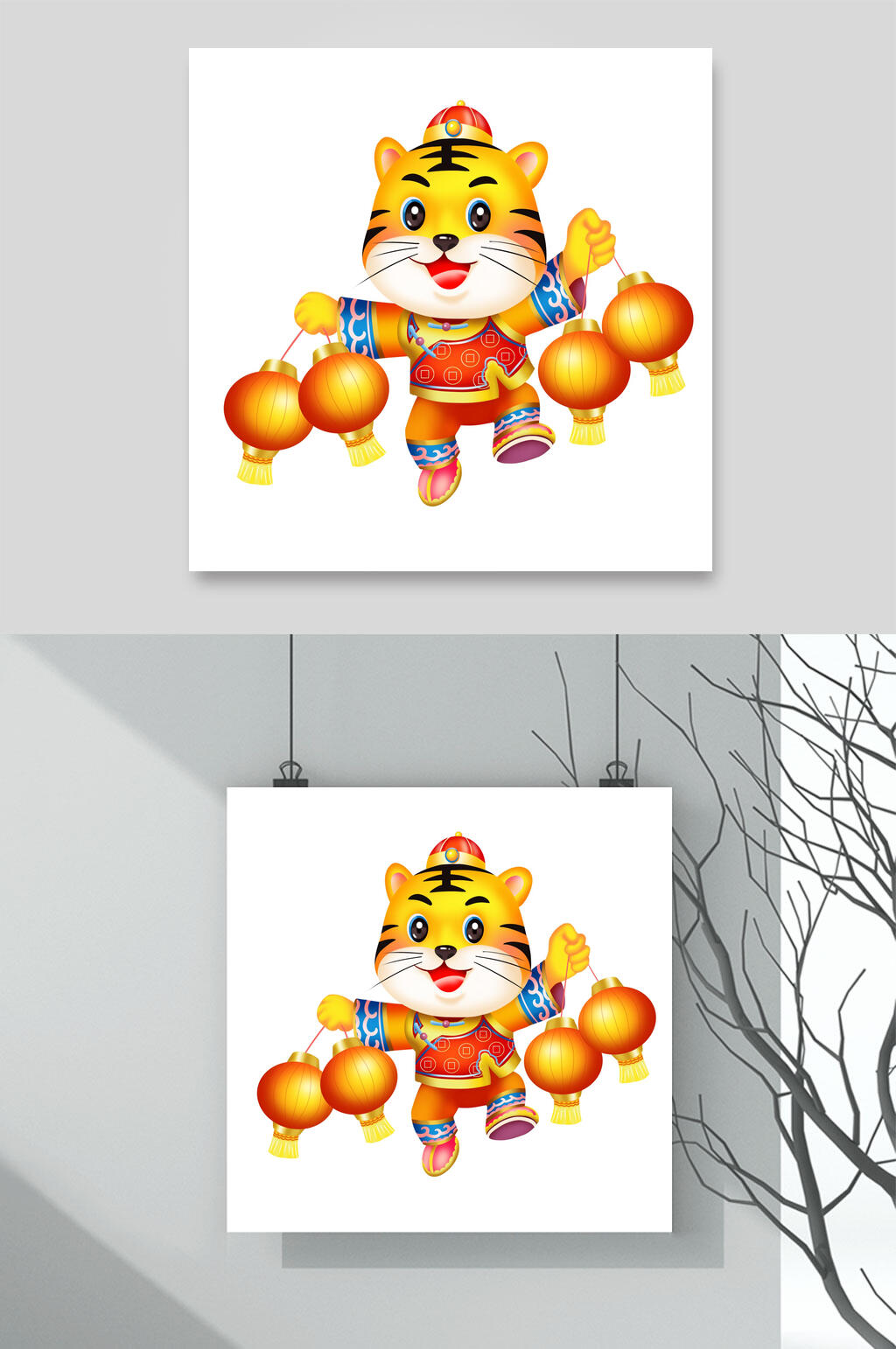 创意手绘灯笼老虎卡通插画素材素材