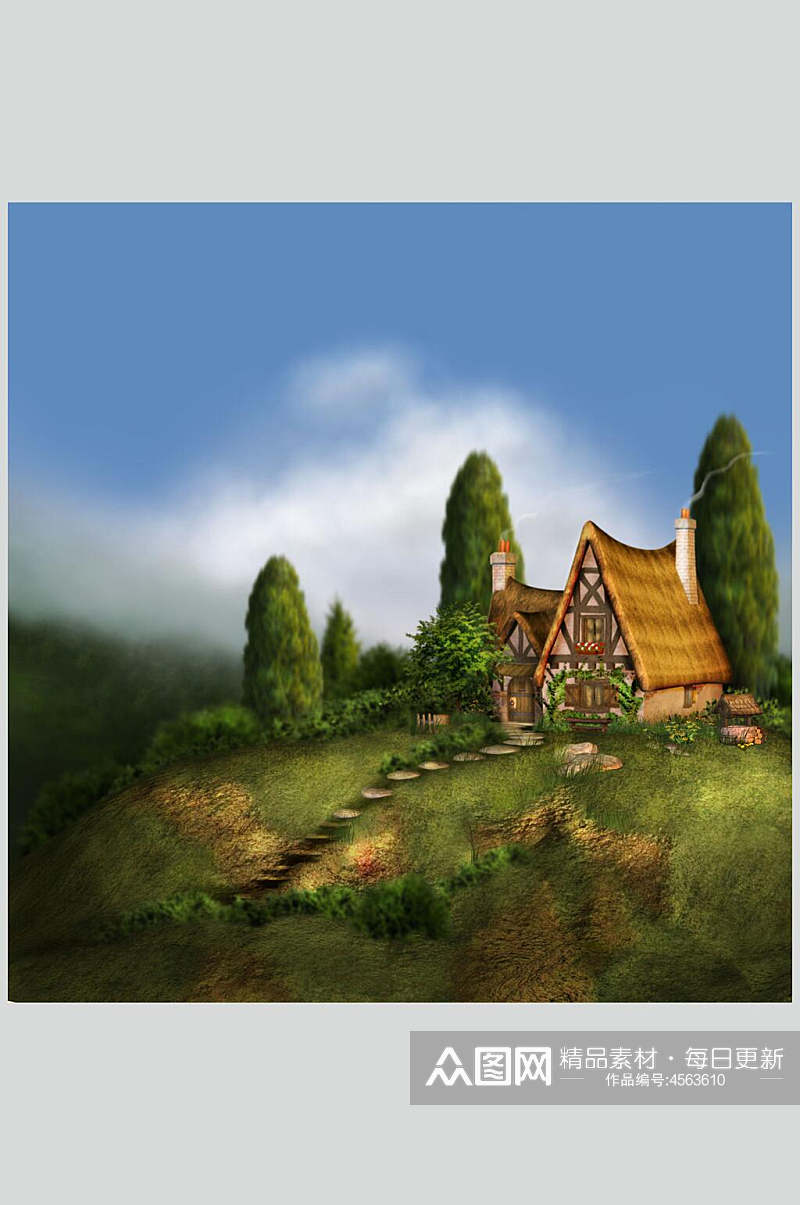 房子绿色树创意画意背景图素材