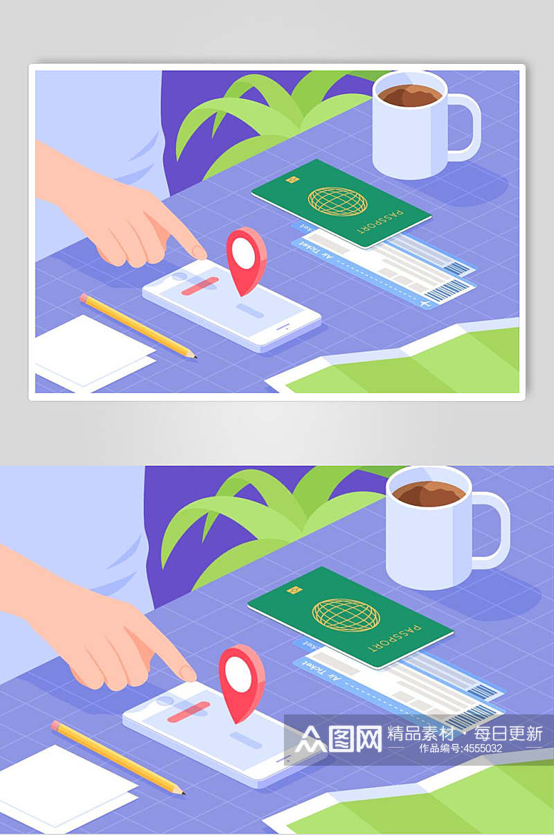 紫色卡通手机应用智能生活矢量插画素材