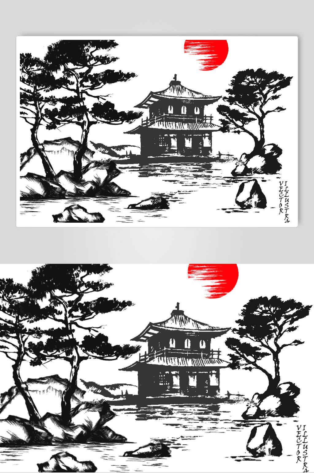 精美日文水墨风山水矢量素材素材