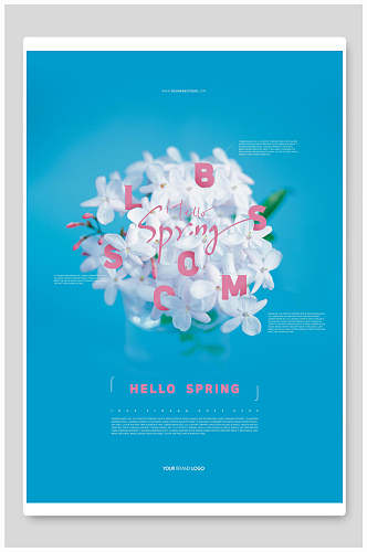 蓝色背景春天花卉海报