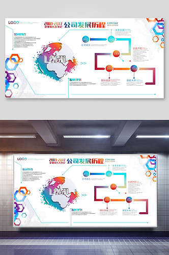 彩色六边形简约企业发展历程展板