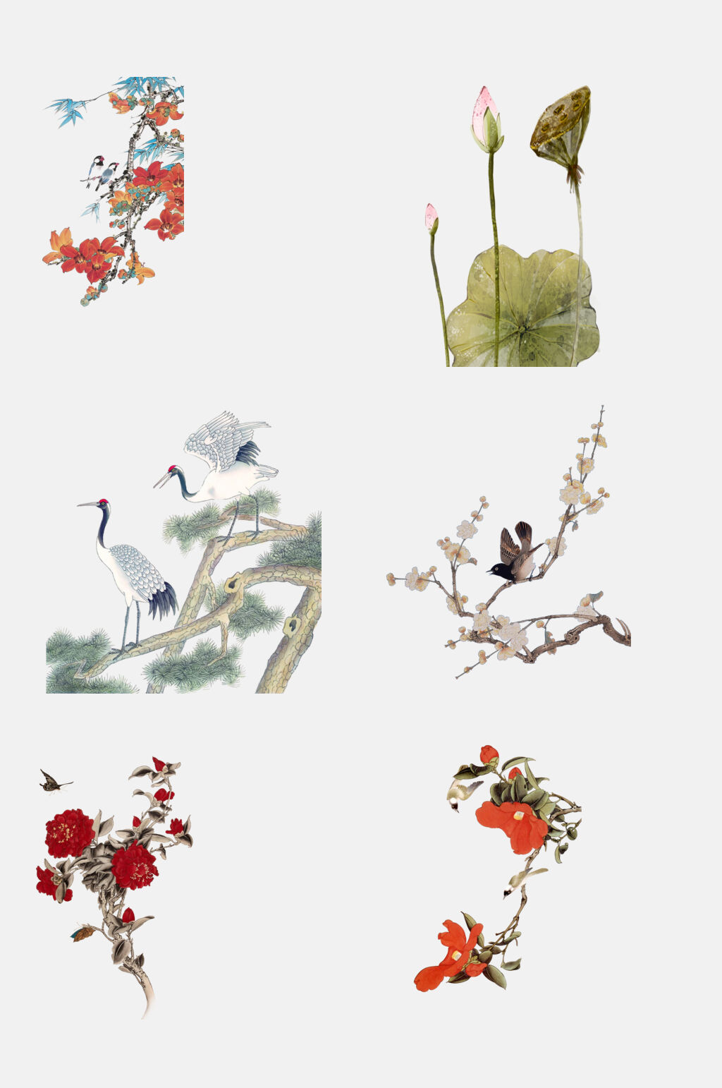 国潮风仙鹤花卉植物工笔画免抠素材素材
