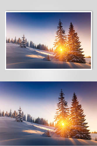 日落冬季雪景摄影图片