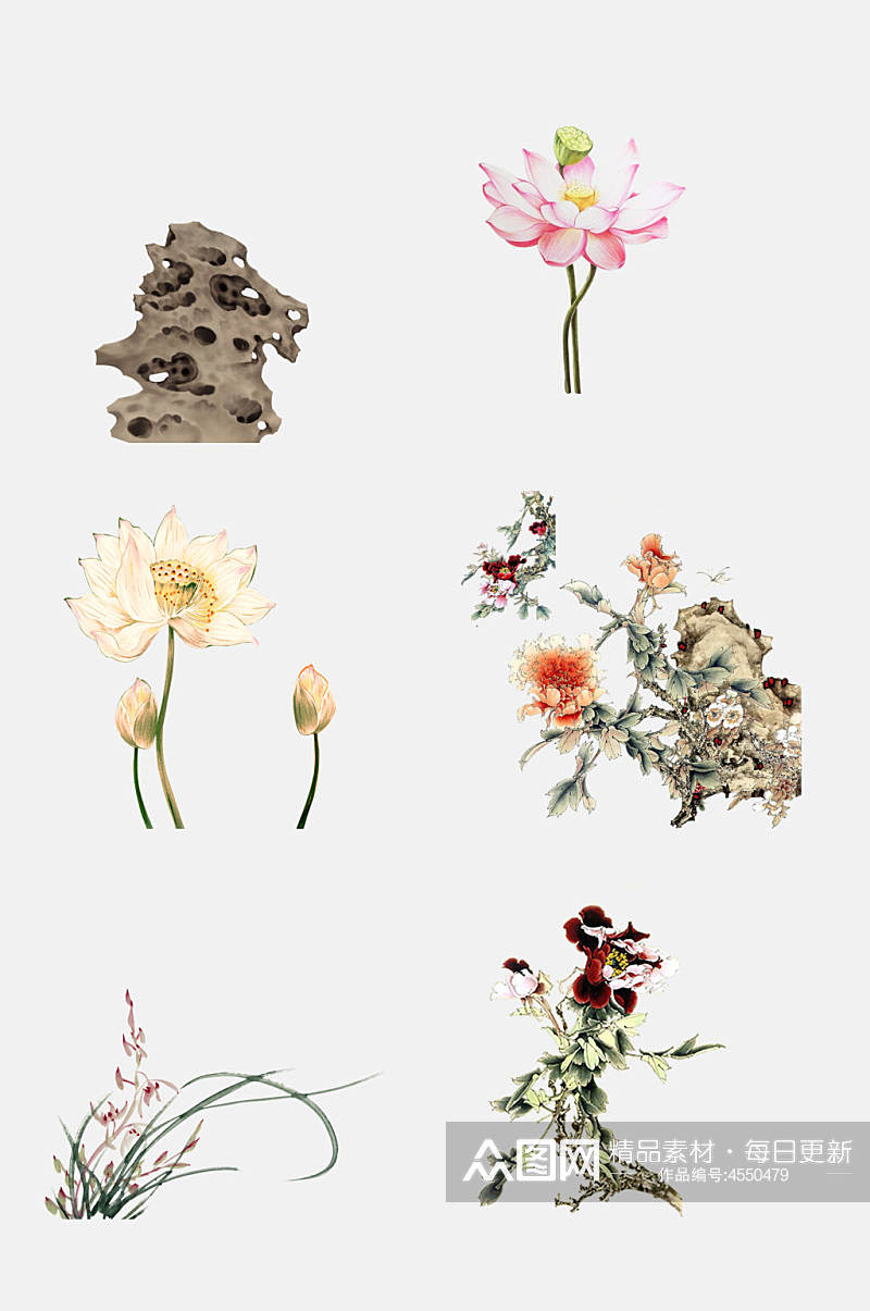 创意荷花花卉植物工笔画免抠素材素材
