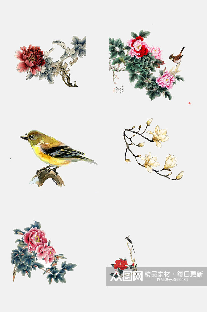创意鸟花卉植物工笔画免抠素材素材
