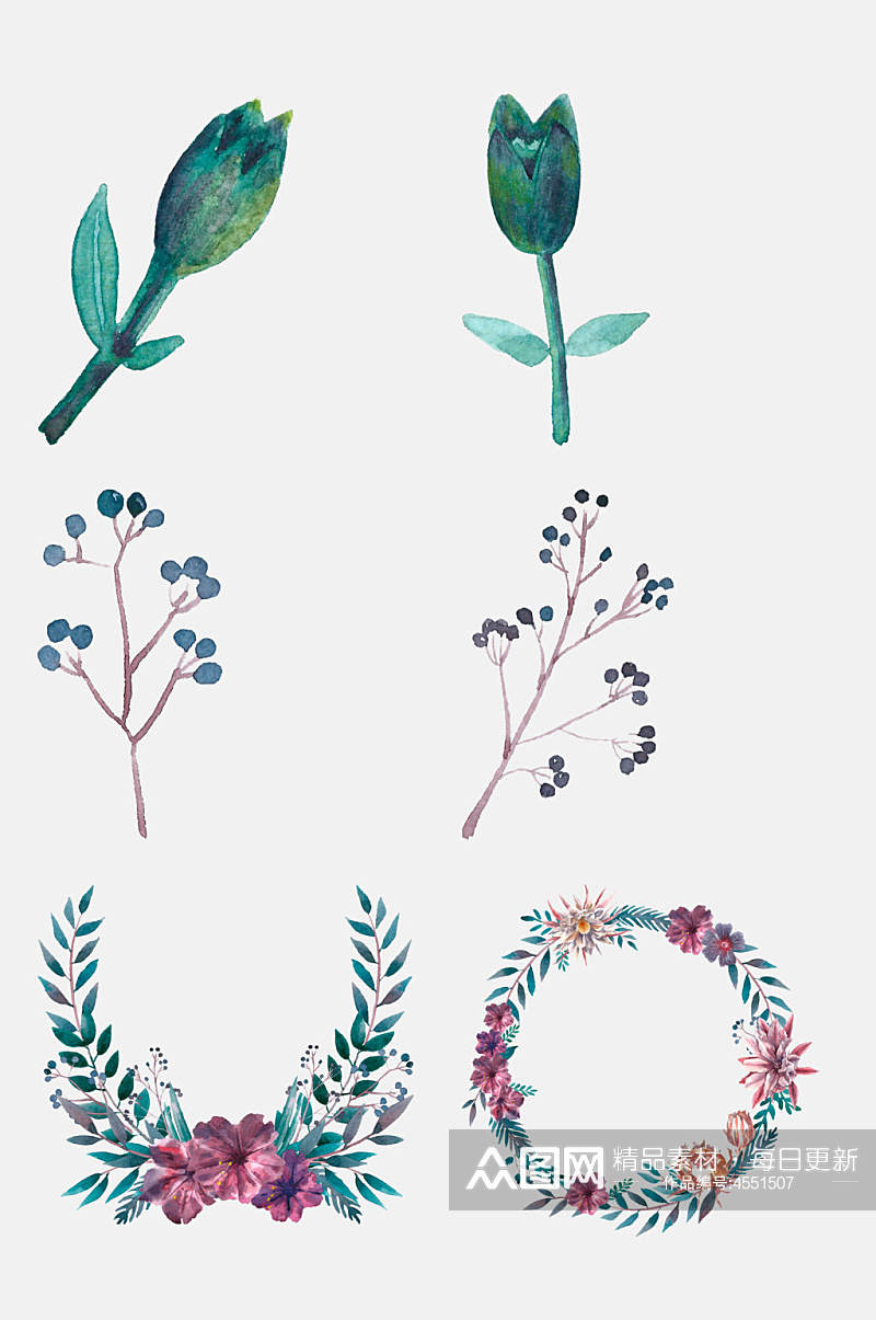 创意花圈森系花卉水彩免抠素材素材