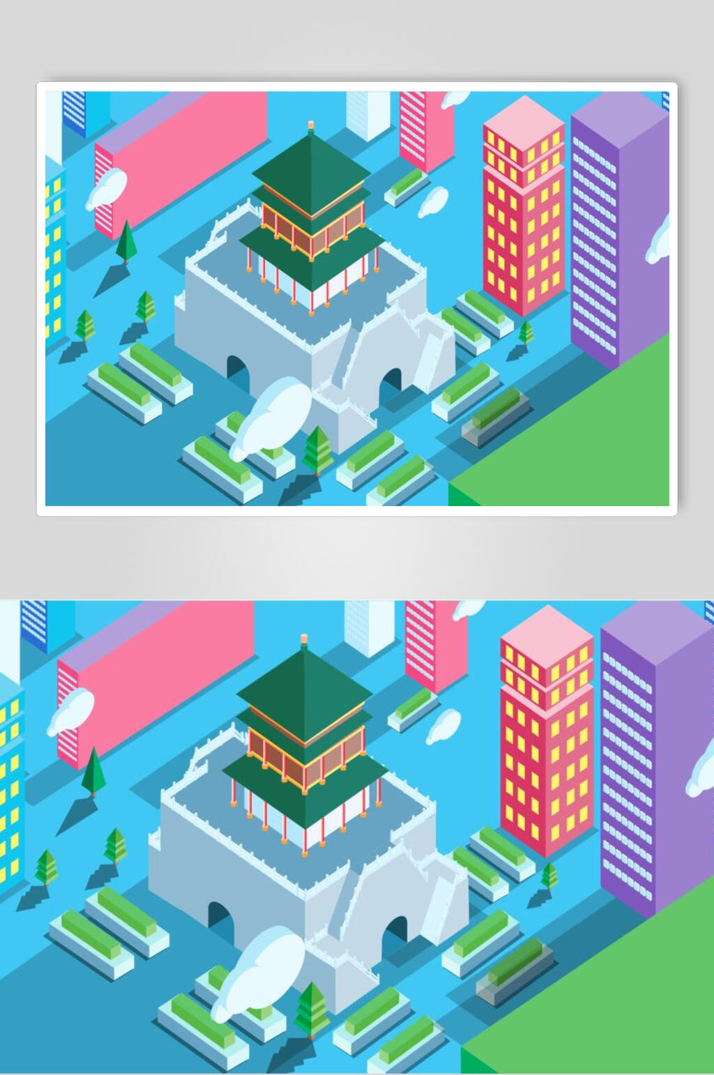 蓝色简约古建筑插画素材