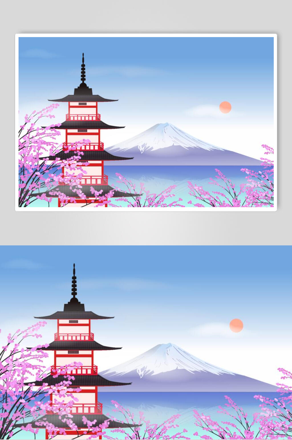 玫红色古建筑插画素材