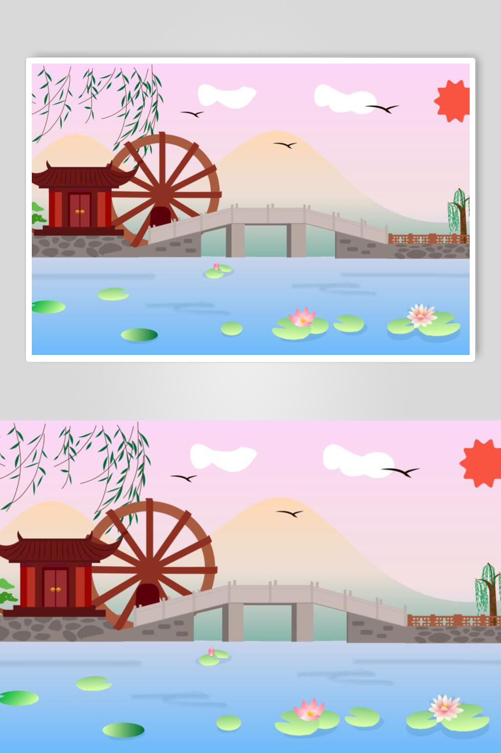 水车古建筑插画素材