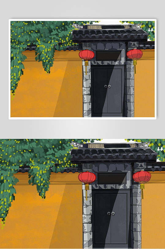 黄色墙面古建筑插画
