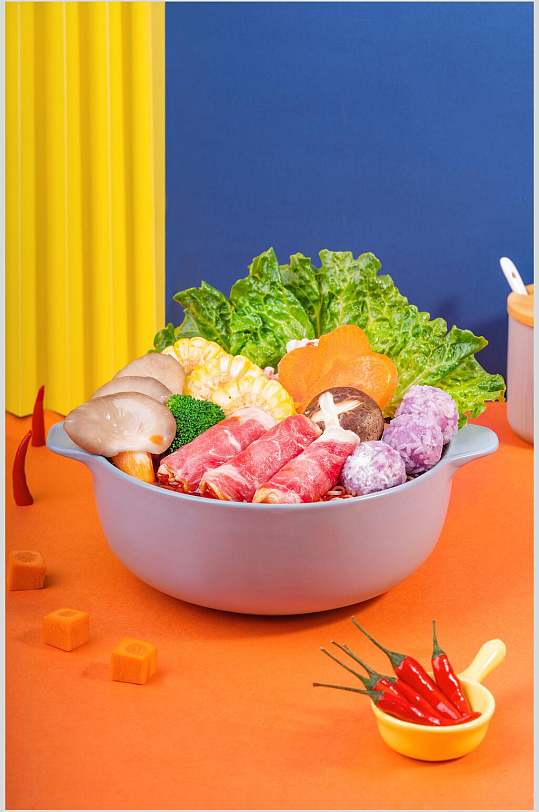 大杂烩美食明亮黄底麻辣烫菜图片