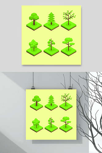 黄色25D等距绿植矢量素材