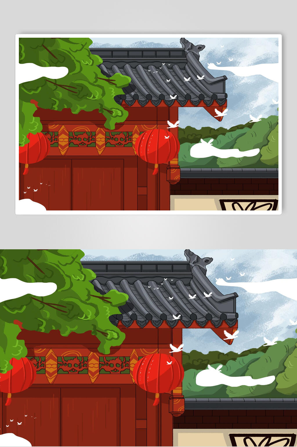 红色古建筑插画素材