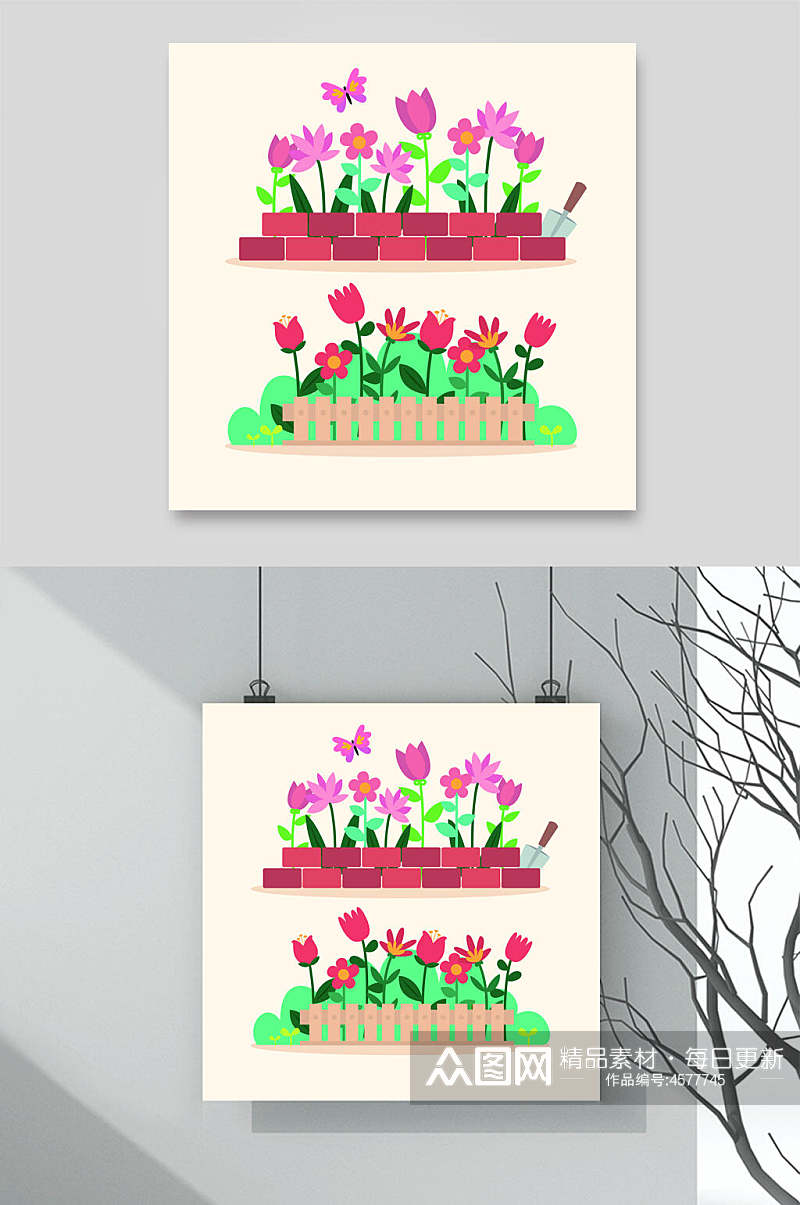 花卉卡通栅栏篱笆矢量素材素材