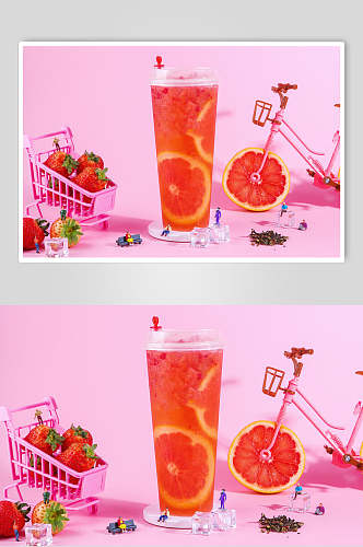 粉红色购物车时尚清新奶茶饮品摄影图片