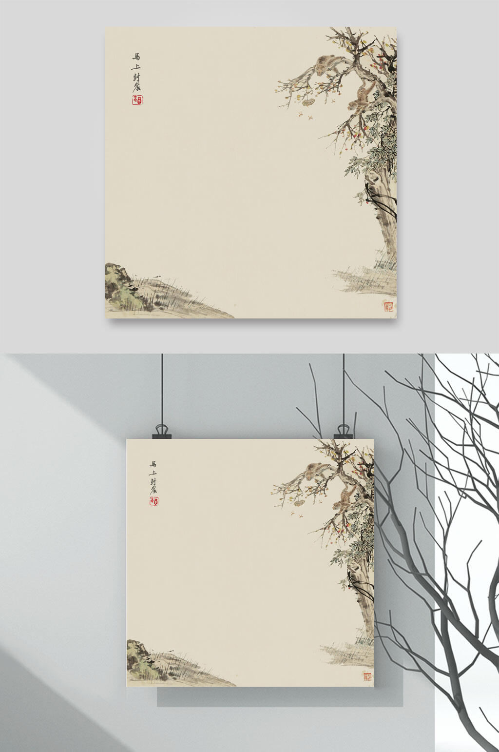 正方形树枝中文工笔画国风背景素材