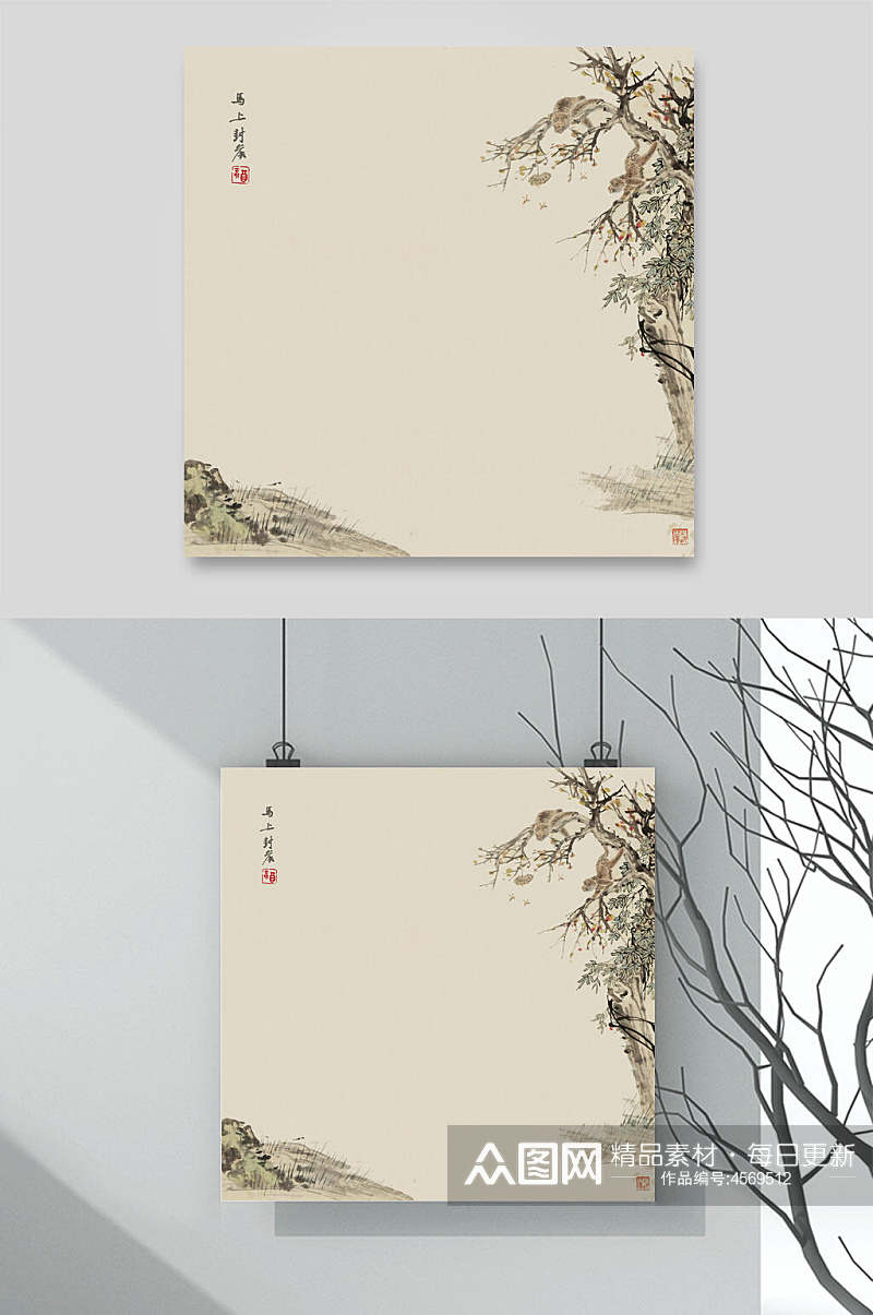正方形树枝中文工笔画国风背景素材