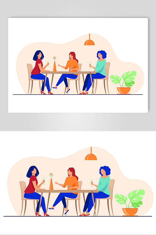 姐妹聚会餐厅就餐矢量素材
