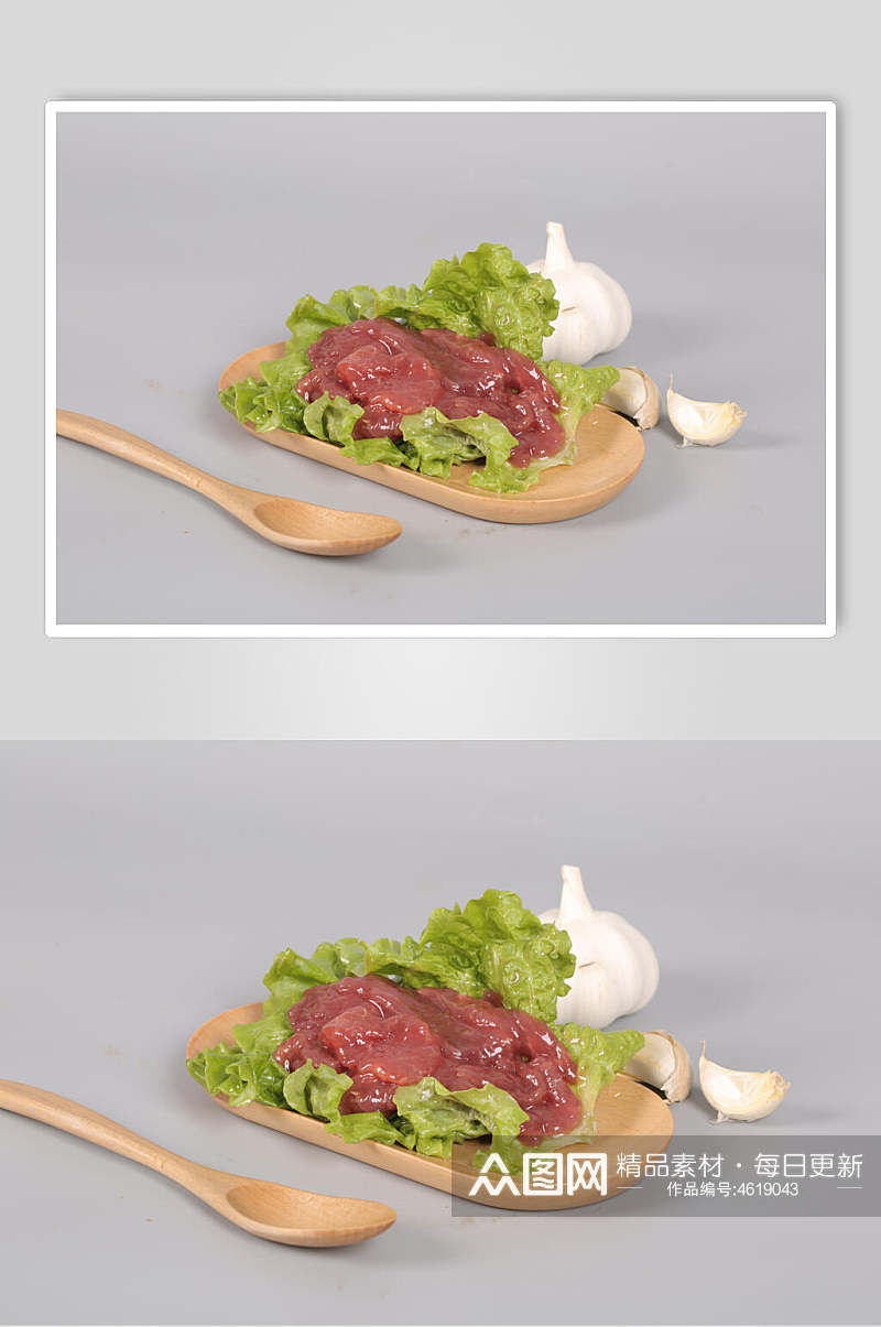 生菜牛肉简约木盘底烫菜图片素材