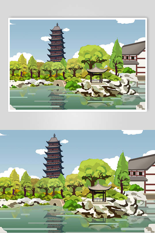 水彩风古建筑插画