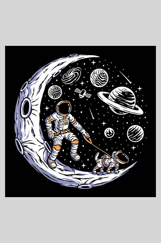 太空黑色星球探险宇航员矢量插画