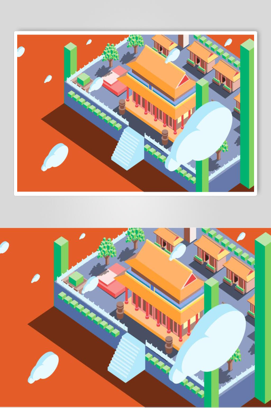 橙色古建筑插画素材