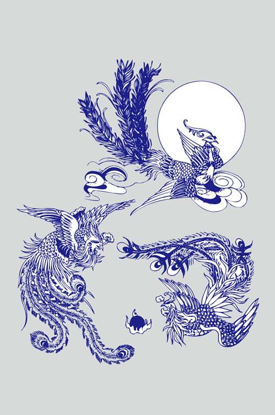 凤凰青花瓷花纹矢量素材