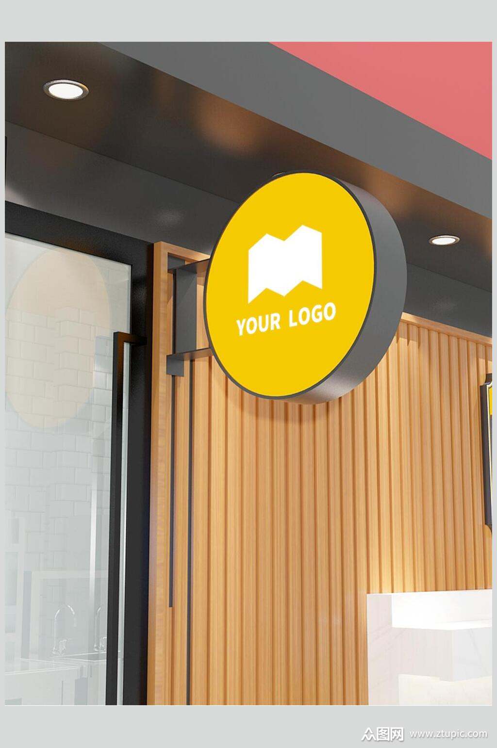 黄色英文招牌门店logo样机模板下载-编号4578395-众图网